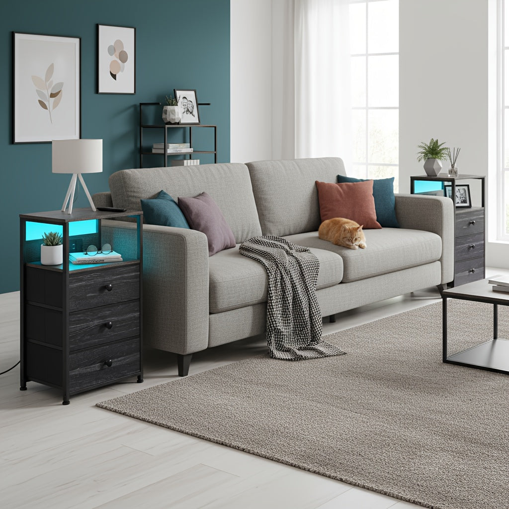 AMHANCIBLE 1pc Bedside Table with Charging Station, Side Table with LED Light, Nightstand with 3 Fabric Drawers And Open Storage Shelf, Bedside Cabinet for Bedroom, Living Room