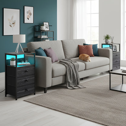 AMHANCIBLE 1pc Bedside Table with Charging Station, Side Table with LED Light, Nightstand with 3 Fabric Drawers And Open Storage Shelf, Bedside Cabinet for Bedroom, Living Room