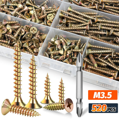 520pcs Countersunk Self-tapping Screw Set, M3.5/12/14/16/20/25/30/35mm Multi-size Specifications, Colorful Cross-head Design - Includes Screwdriver Bit, Multi-functional And Durable, Suitable for Industrial, Home, And Furniture Applications