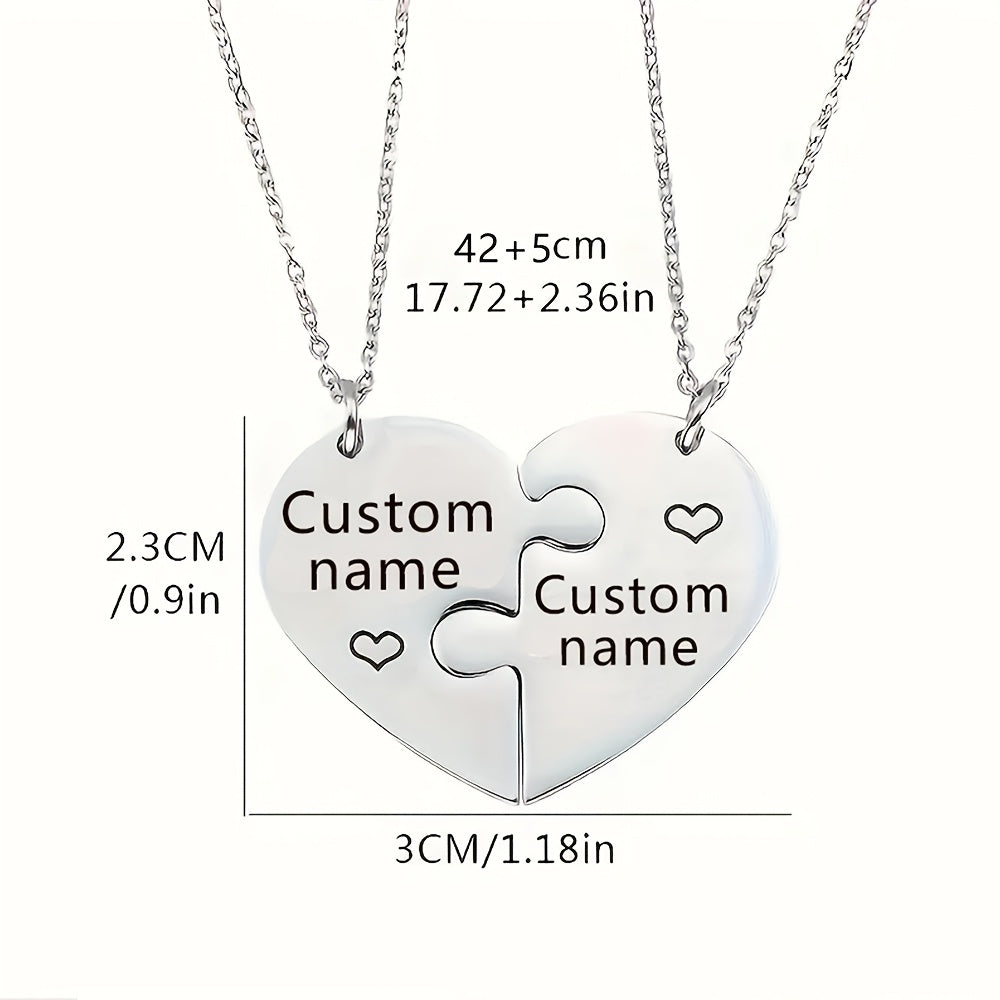 2pcs Interlocking Heart Puzzle Necklace - Engravable Stainless Steel Personalized Couples Gift with Custom Names, Elegant Minimalist Matching Jewelry for Casual Attire & Special Occasions, Romantic Accessory, Friendship Necklace, Romantic Design, Elegant