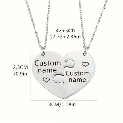 2pcs Interlocking Heart Puzzle Necklace - Engravable Stainless Steel Personalized Couples Gift with Custom Names, Elegant Minimalist Matching Jewelry for Casual Attire & Special Occasions, Romantic Accessory, Friendship Necklace, Romantic Design, Elegant