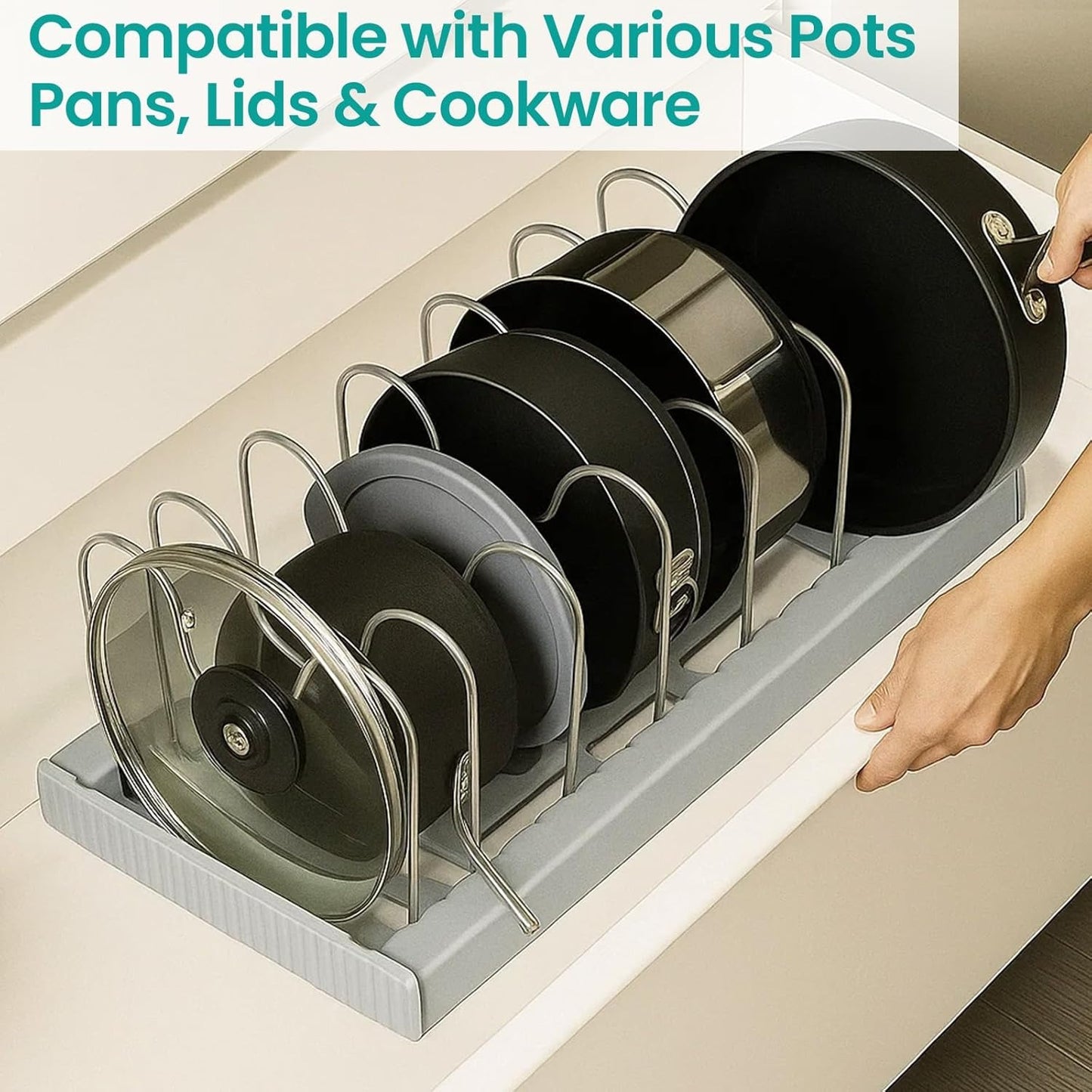 Expandable Pan Lid Organiser Rack 7/10 Adjustable Dividers, Anti-slip Pantry Cupboard Organiser Kitchen Drawer Bakeware Plate Holders for Pots, Pans, Chopping Board, Saucepan, Baking Trays