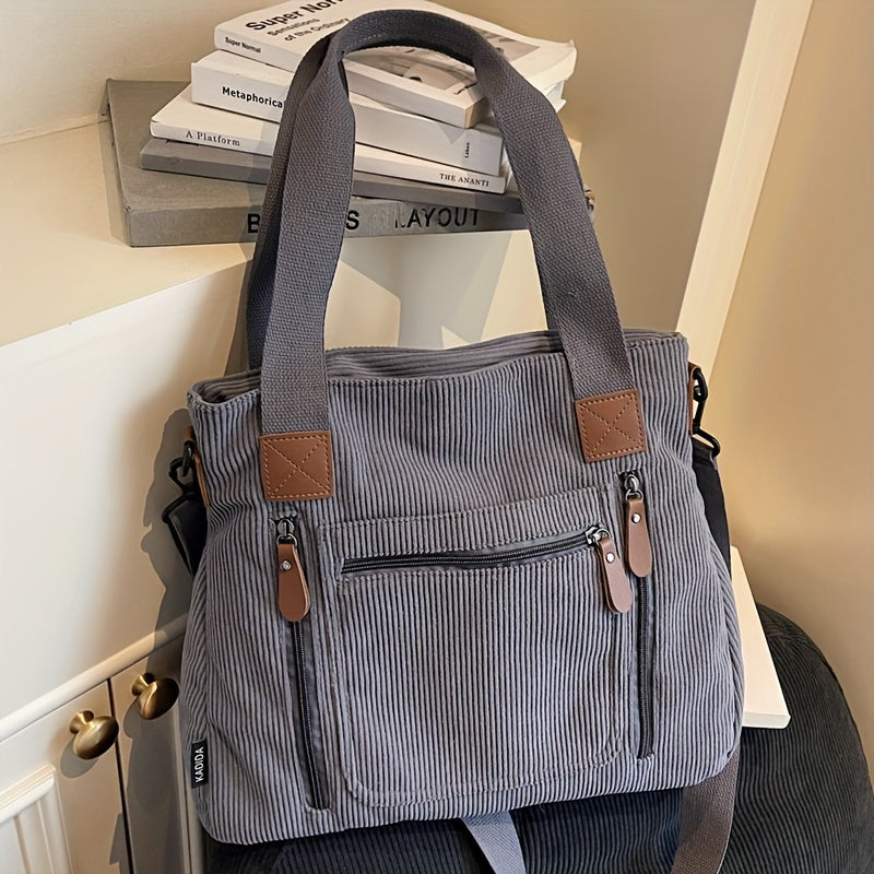 Corduroy Tote Bag Women Large Capacity – Adjustable Shoulder Strap, Multi-Pocket Crossbody Handbag for Work, Shopping & Daily Commute | Beige Vintage Style