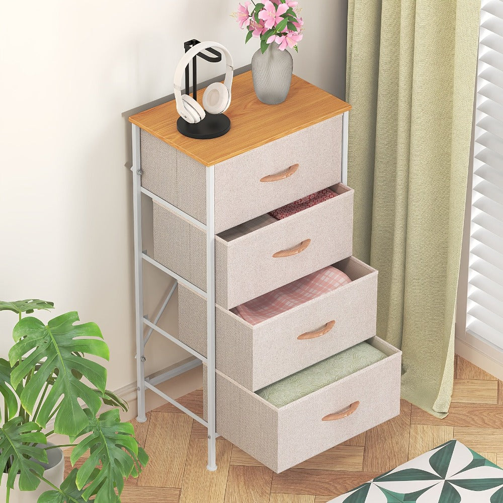 4-Drawer Tall Dresser Storage Cabinet with MDF Wood Top & Metal Frame – Freestanding Vertical Tower Chest of Drawers for Bedroom Living Room 68cm Height 6 Colours
