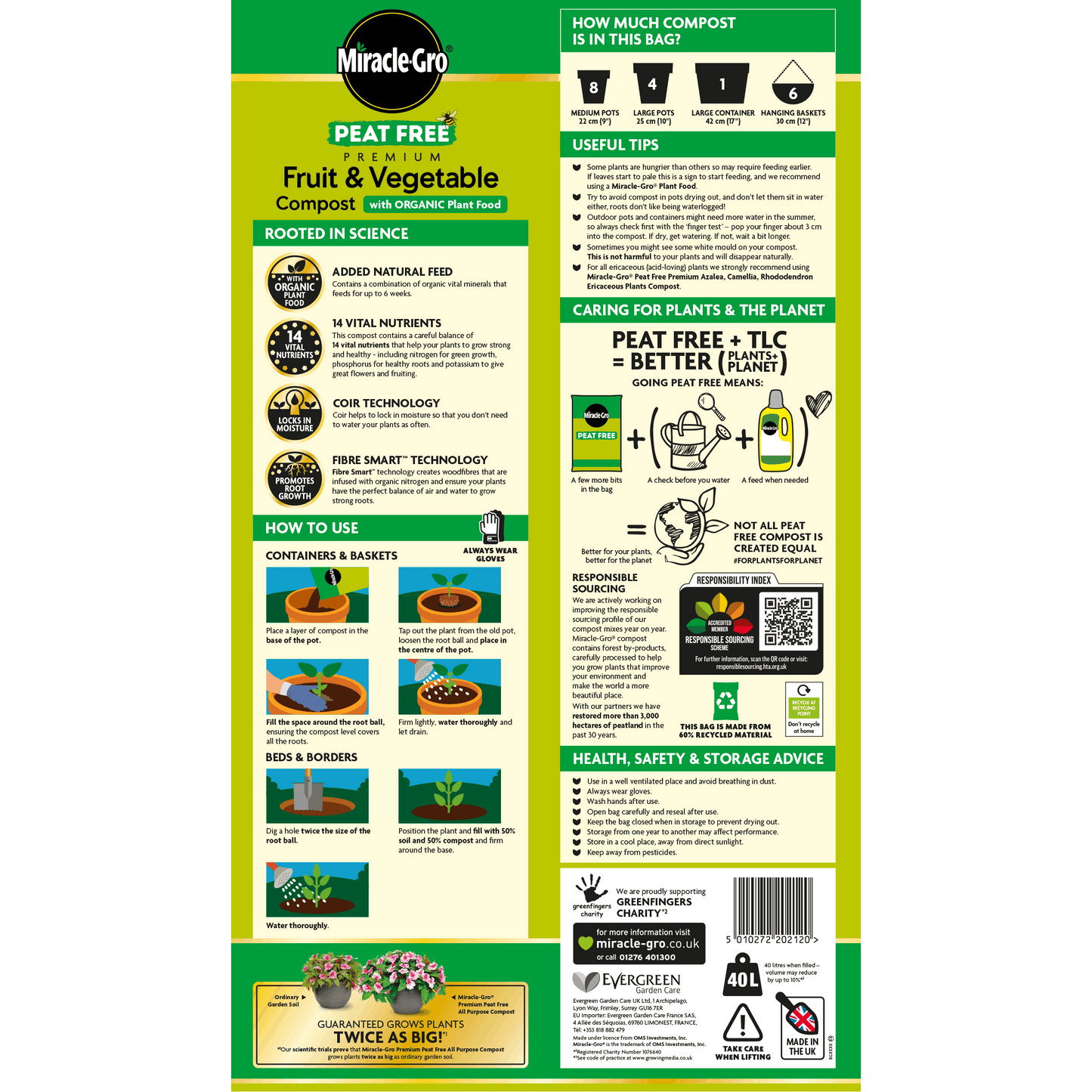 Miracle Gro Performance Organics Fruit and Veg Compost 40L Natural Nutrient Rich Compost for Fruit and Vegetable Gardens
