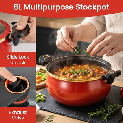 Large Capacity 8L Stew Pot with Lock Lid, Stock Pot for Braising, Soups, Stews, and Bread Baking, Induction Compatible, Oven & Stovetop Safe Kitchen Serving Essential