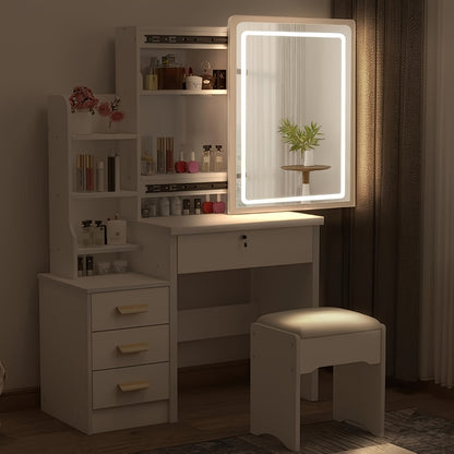 Vanity Table with Sliding Mirror LED Lights & Stool 4 Drawers 6 Hidden Shelves Dimmable 3-Colour Lighting Makeup Desk Bedroom Dressing Table White Black MDF
