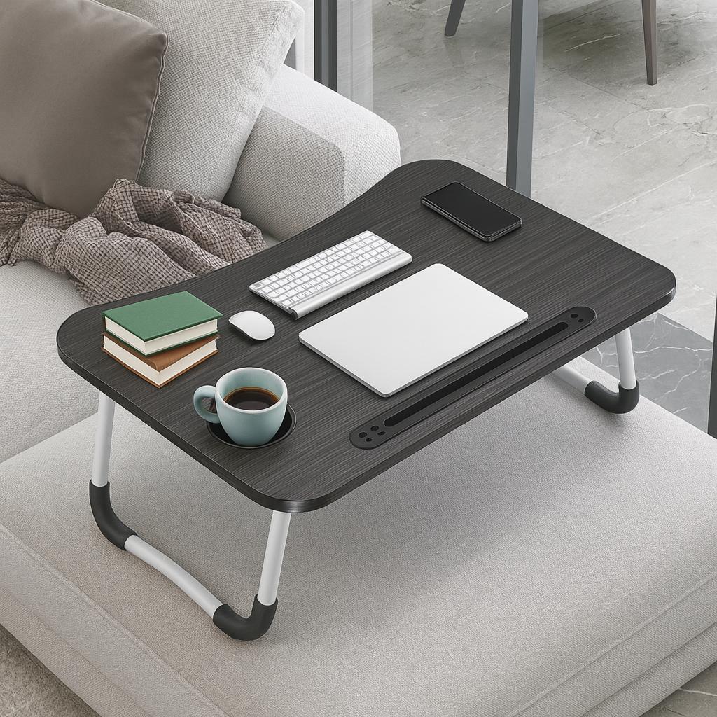 Foldable Laptop Bed Table with Cup Holder & Phone Slot - Portable Non-Slip Lap Desk for Bed Sofa & Home Office Lightweight Breakfast Tray