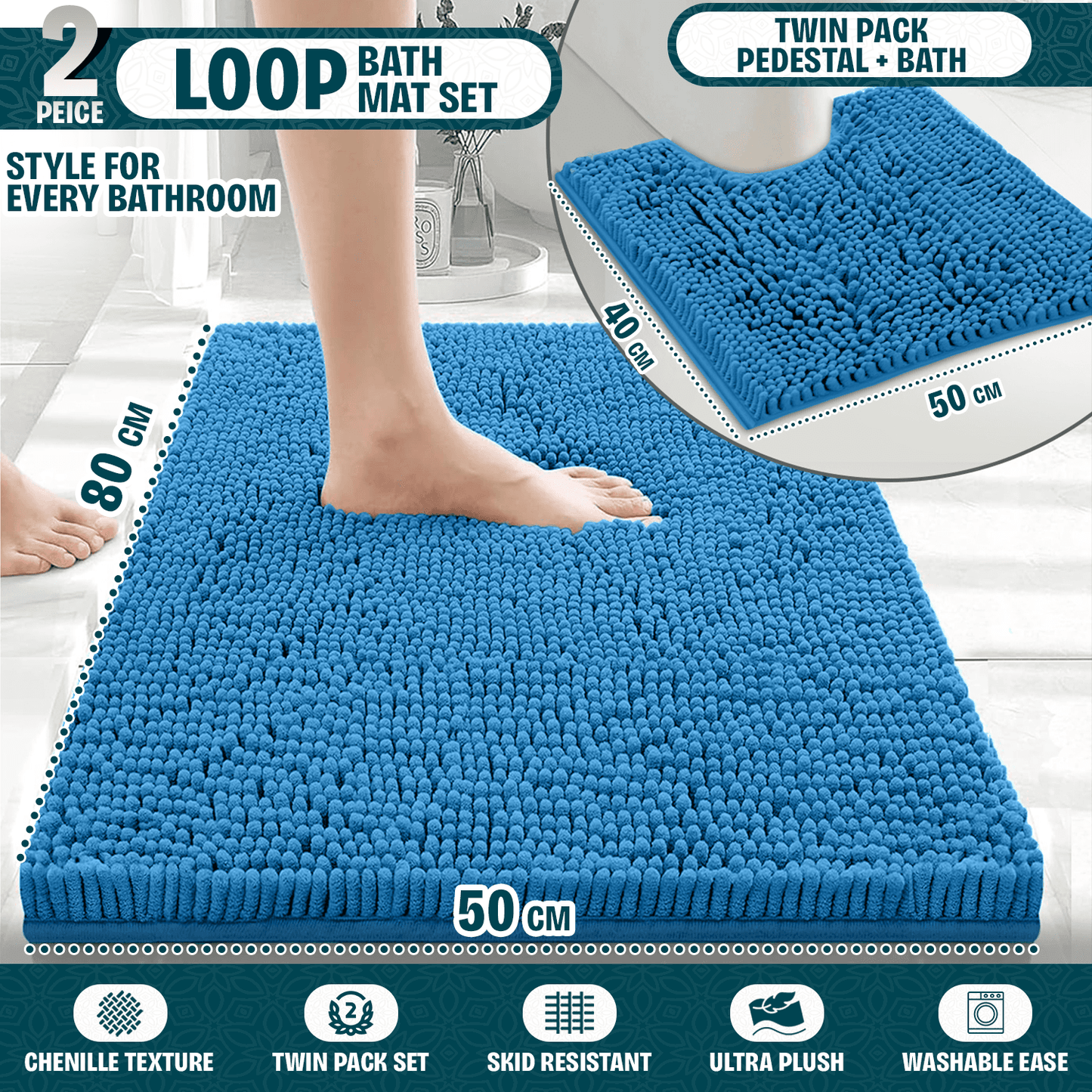2-Piece Loop Bathroom Mat Set | Soft Chenille Microfiber Rugs with Non-Slip Backing | Machine Washable | Includes 50x80cm Bath Mat & 50x40cm Pedestal Mat | Stylish, Comfy & Durable | UK STOCK | LOCAL WAREHOUSE