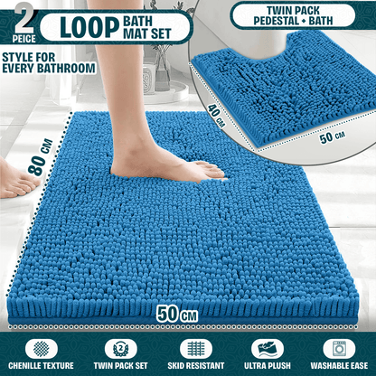 2-Piece Loop Bathroom Mat Set | Soft Chenille Microfiber Rugs with Non-Slip Backing | Machine Washable | Includes 50x80cm Bath Mat & 50x40cm Pedestal Mat | Stylish, Comfy & Durable | UK STOCK | LOCAL WAREHOUSE