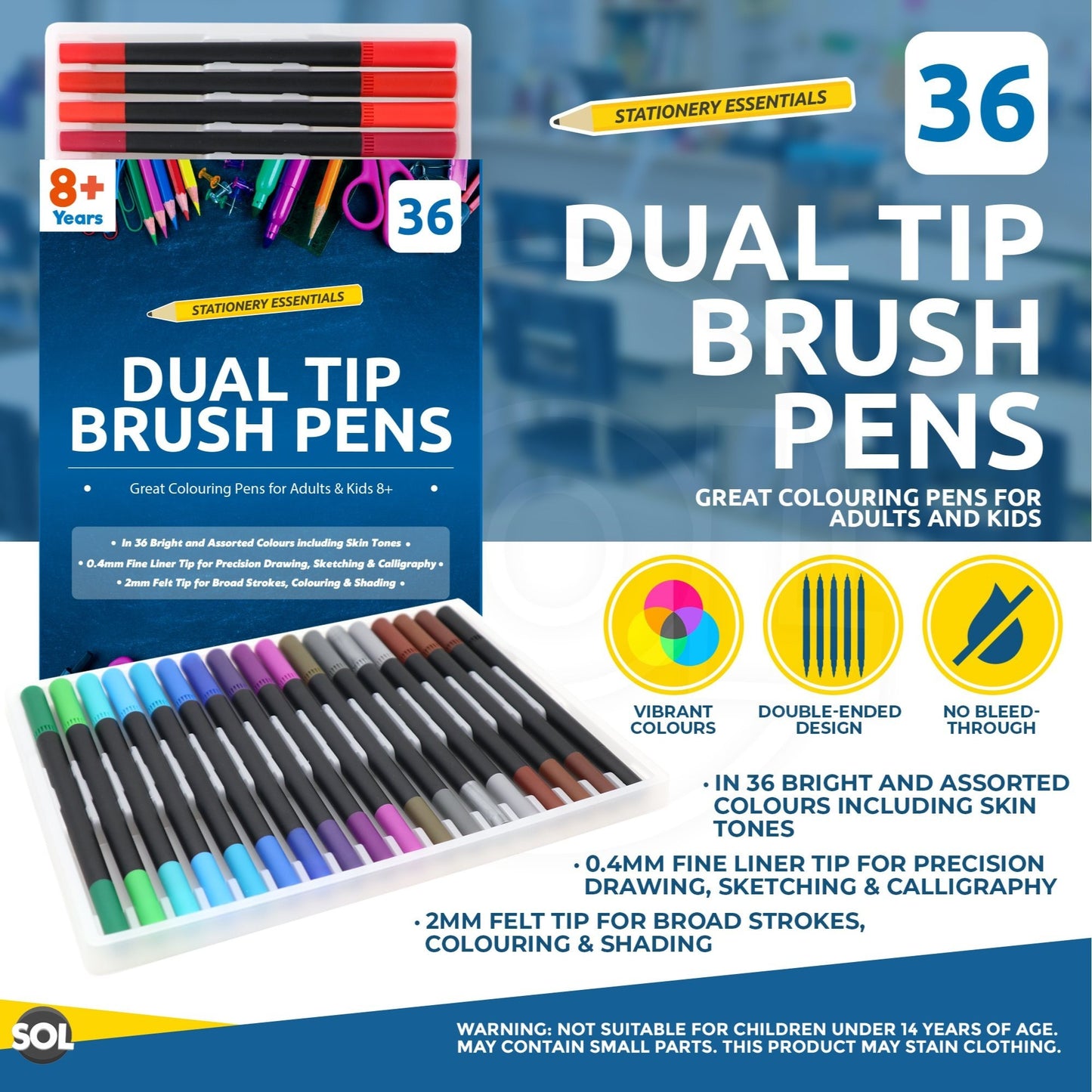 36 Pack Dual Tip Brush Pens Set | Watercolour Colouring Markers with Brush & Fine Tips | Drawing Pens for Colouring Books, Sketching, Calligraphy & Art Projects | Double Ended Felt Tip Pens for Adults & Students