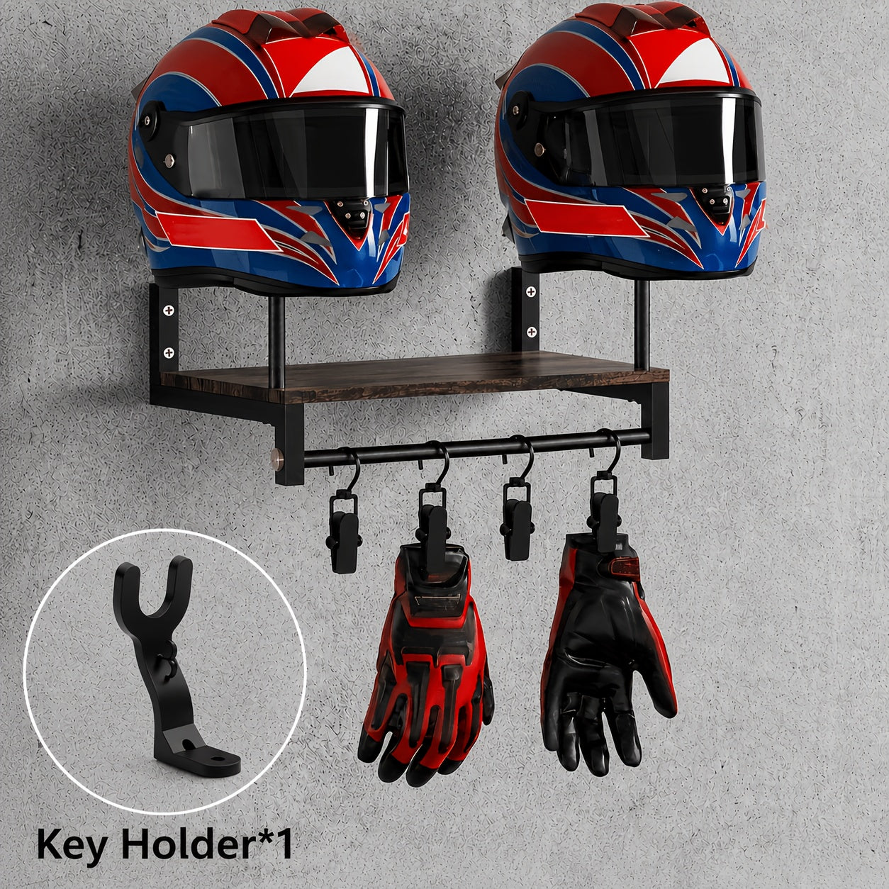 [Wooden Display Rack] Durable Wooden Wall-Mounted Motorcycle Helmet & Gear Display Rack with Key Holder*1 And Hooks