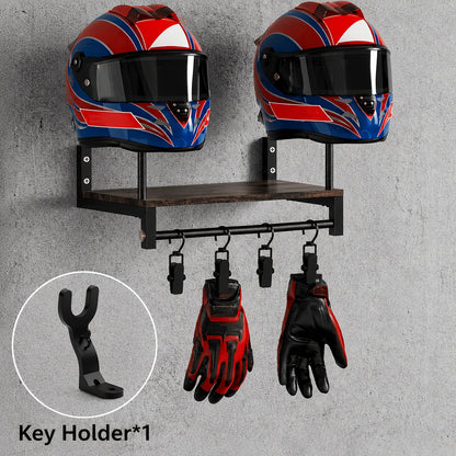 [Wooden Display Rack] Durable Wooden Wall-Mounted Motorcycle Helmet & Gear Display Rack with Key Holder*1 And Hooks