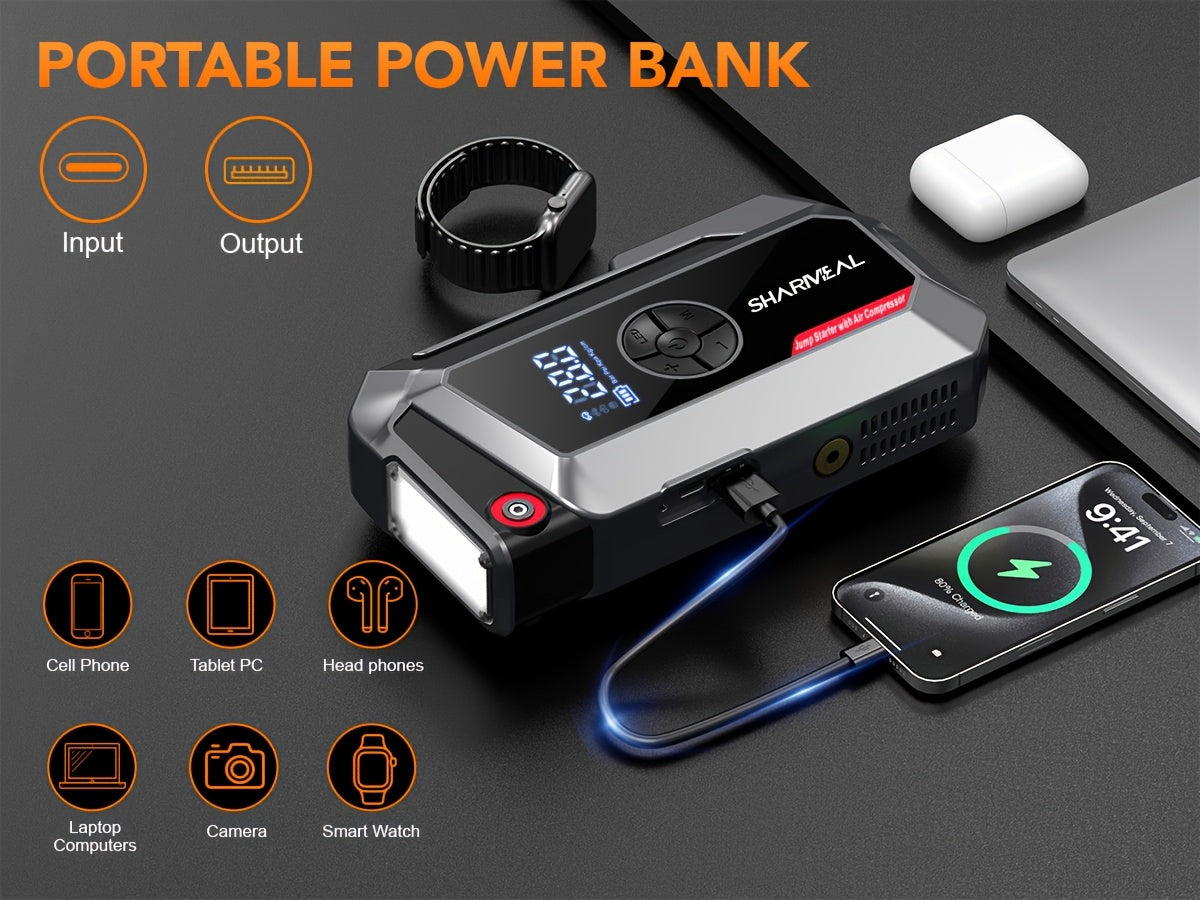 SHARMEAL 9000A/10000A Jump Starter with Air Compressor And Tire Inflator, 12V Power Bank, Battery Jump Pack, Jump Starter for Car Heavy Duty, 9-In-1 Multi-Function Power Pack for 10L Gas/All Diesel, Includes Nozzles And Additions