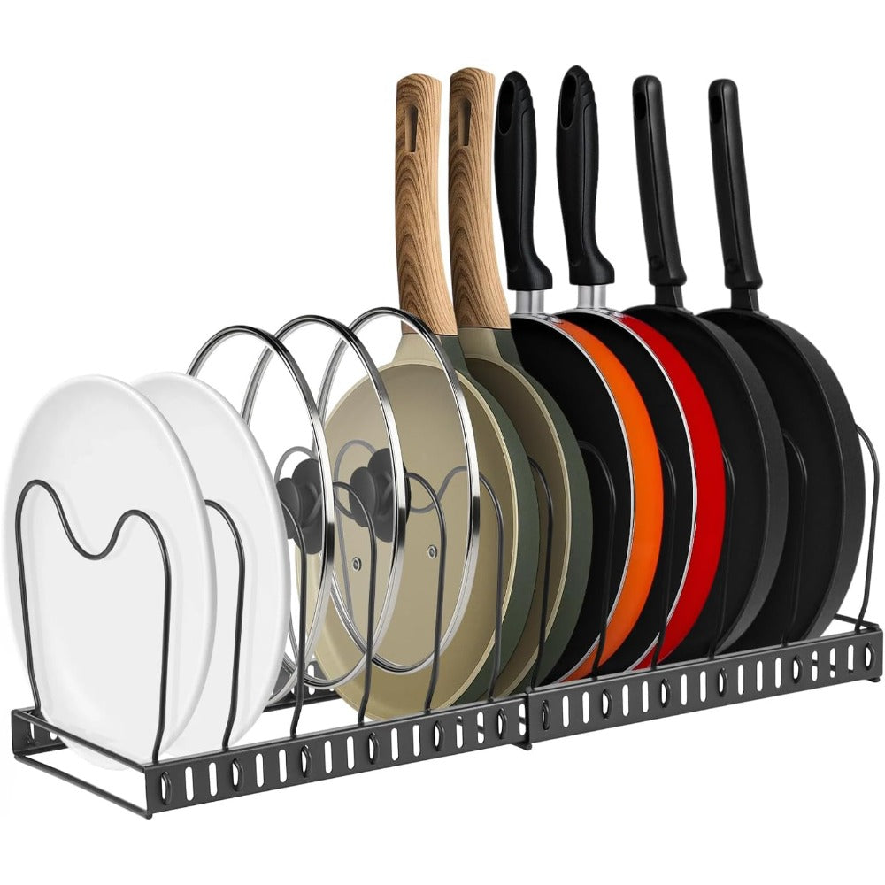 1 Set Pot and Pan Organizer Rack with 10 Adjustable Dividers – Expandable Kitchen Cabinet Storage for Lids, Dishes, Cookware – Bakeware Rack for RV & Home