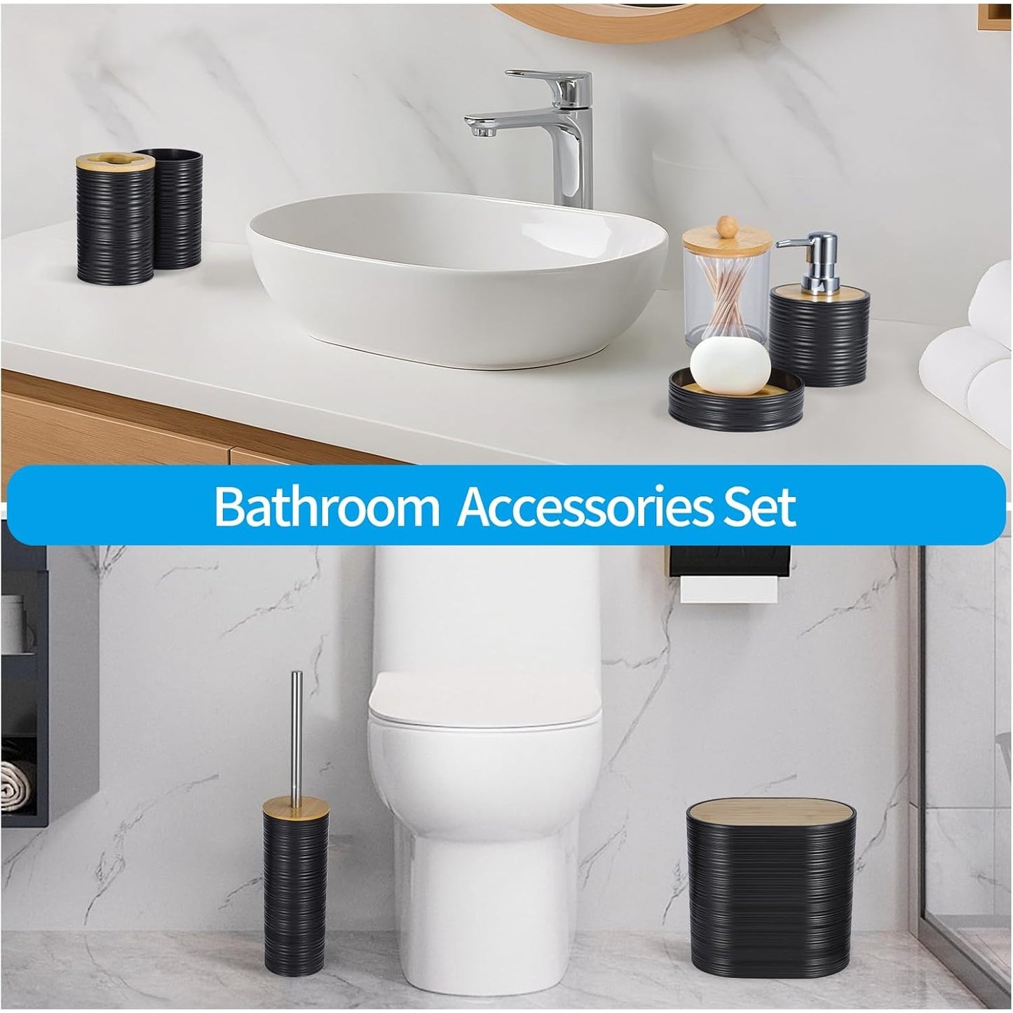 8-Piece Bamboo & Plastic Bathroom Accessories Set, Complete Bathroom Organiser with Toothbrush Holder, Soap Dispenser, Tumbler, Soap Dish, Qtip Holder, Toilet Brush & Waste Bin