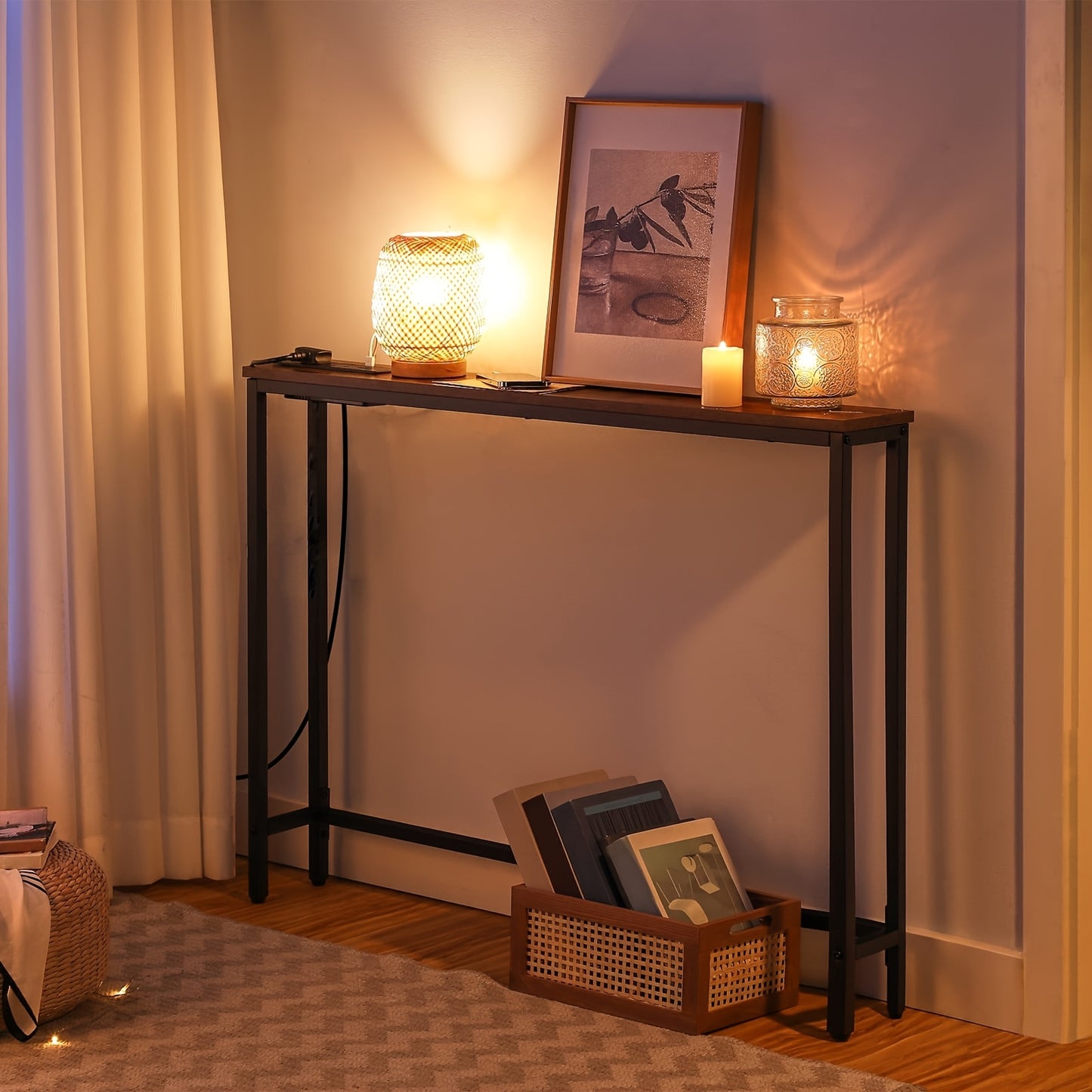 Console Table with Power Outlets, Slim Hallway Tables Ideal for Narrow Spaces, Easy to Install Modern Home Decor, Stylish Small Space for Living Room Or Sofa Area, Rustic Brown, Grey