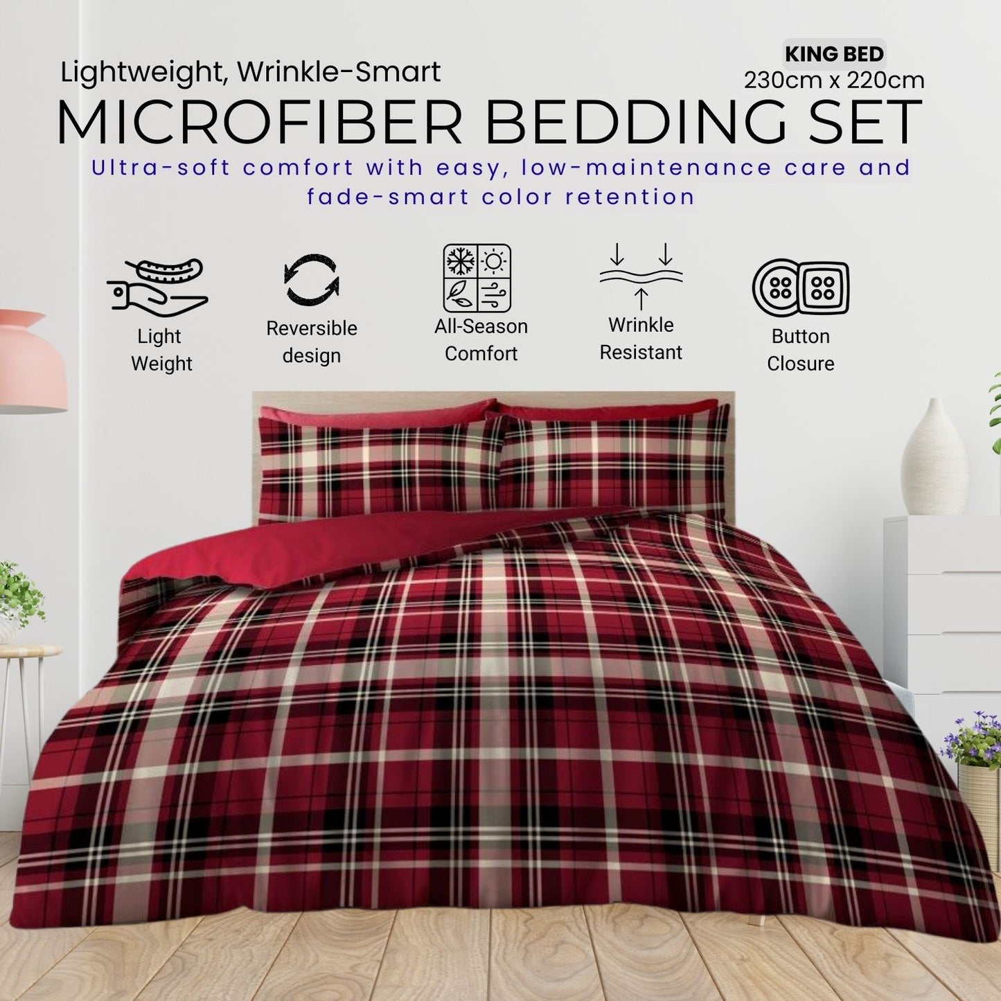 GC GAVENO CAVAILIA Tartan Check Duvet Cover with Pillowcases | Lightweight, Ultra-Soft & Wrinkle-Resistant Modern Bedding Set | Available in Single, Double & King Sizes | Machine Washable | Local Warehouse | UK Brand