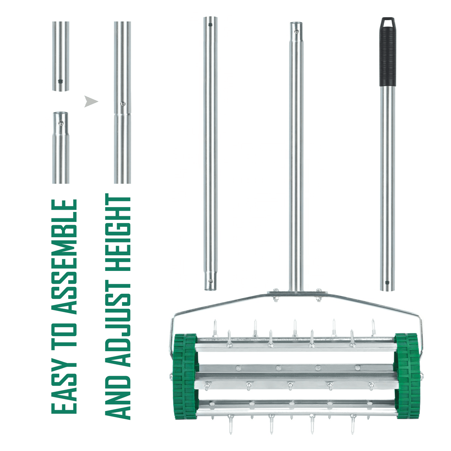 Manual Grass Spikes Roller, Garden Rolling Lawn Aerator with 3pcs Removable Metal Handle, Heavy Duty Outdoor Garden Lawn Tool, Green