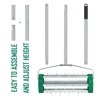 Manual Grass Spikes Roller, Garden Rolling Lawn Aerator with 3pcs Removable Metal Handle, Heavy Duty Outdoor Garden Lawn Tool, Green