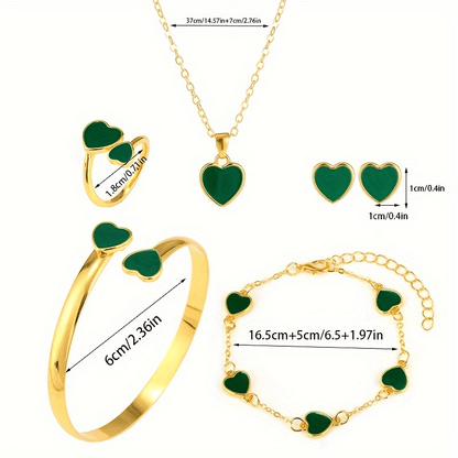 1 Pair of Stunning Earrings+1 Necklace+1 Bracelet+1 Bracelet+1 Ring - Full Set of Lucky Flower Or Peach Heart (Randomly Shipped) Design Alloy Jewelry, Artificial Gemstones, Fashionable Women'S Gifts
