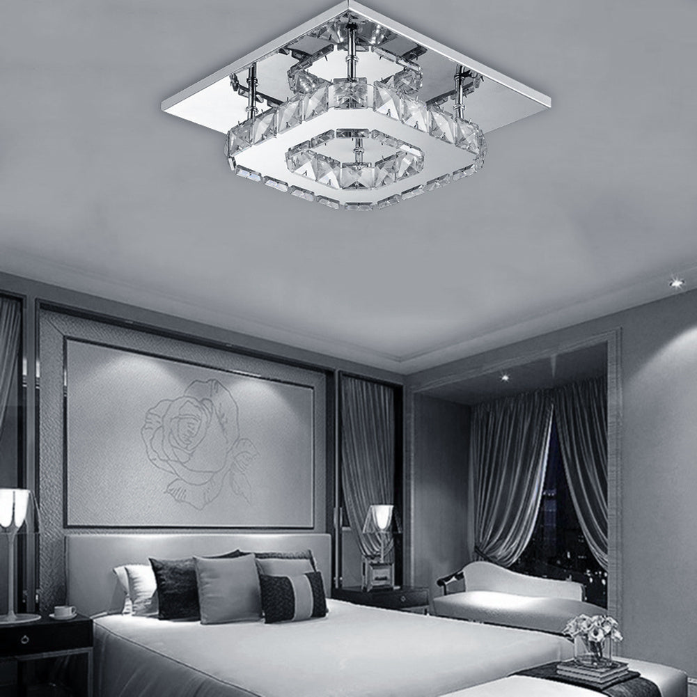 Contemporary Mini Crystal Chandelier, Square Single-layer LED Crystal Ceiling Light, Plain Crystal Ceiling Lighting Chrome Crystal Pendant, 12W 6000K Cold White Light, for Living Room Kitchen Office Bedroom Dining Room Island, 21*21cm/ 8.27*8.27inch.