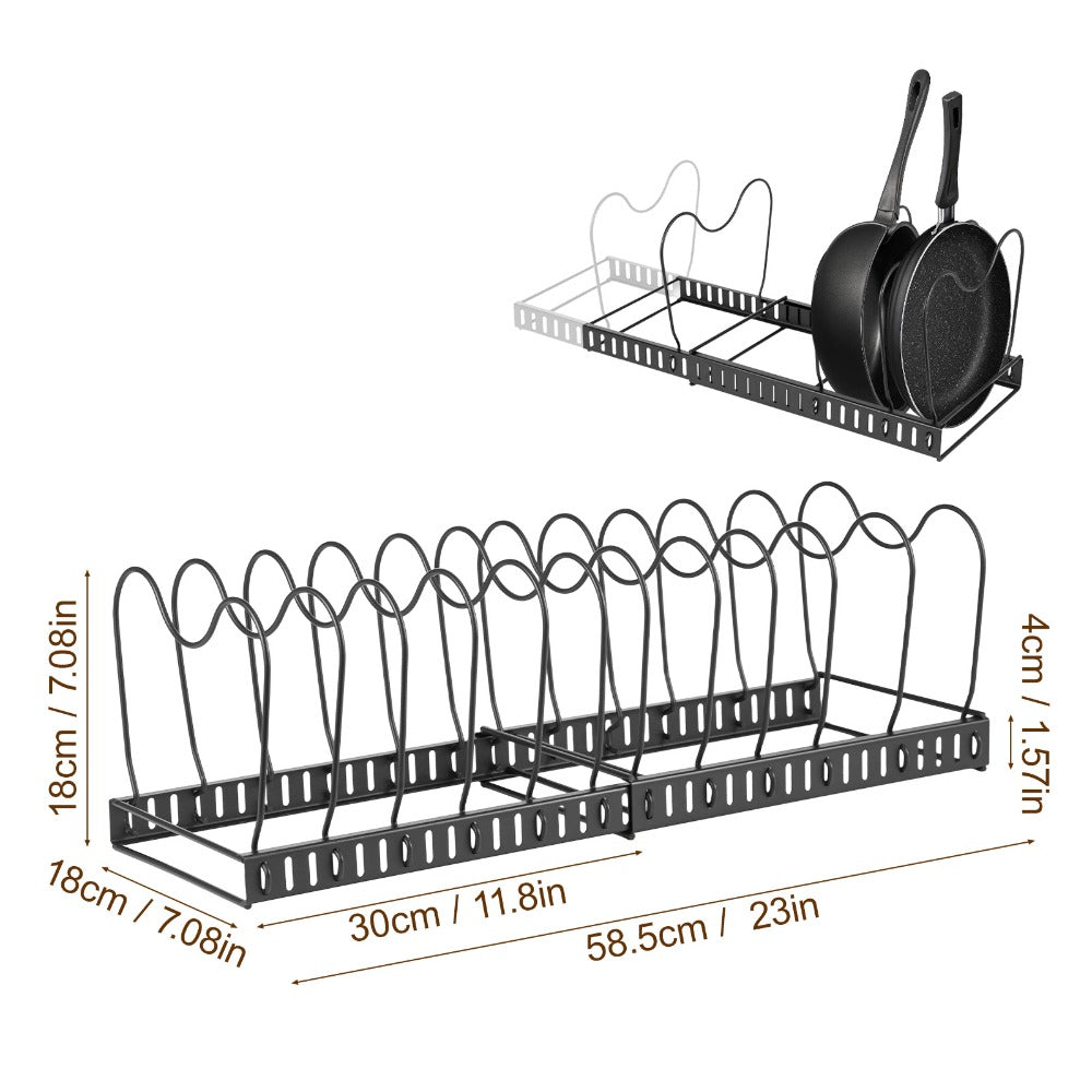 1 Set Pot and Pan Organizer Rack with 10 Adjustable Dividers – Expandable Kitchen Cabinet Storage for Lids, Dishes, Cookware – Bakeware Rack for RV & Home