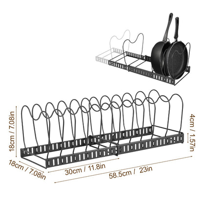 1 Set Pot and Pan Organizer Rack with 10 Adjustable Dividers – Expandable Kitchen Cabinet Storage for Lids, Dishes, Cookware – Bakeware Rack for RV & Home