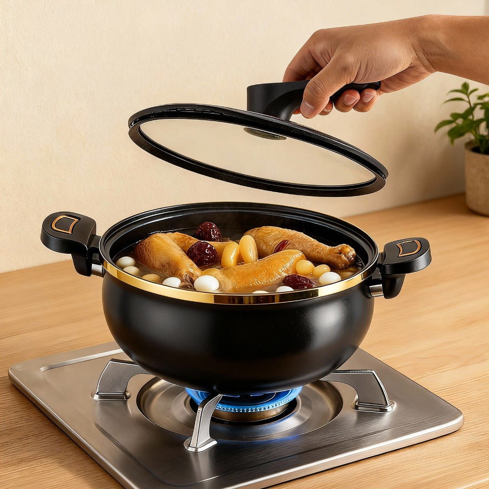 Large Capacity 8L Stew Pot with Lock Lid, Stock Pot for Braising, Soups, Stews, and Bread Baking, Induction Compatible, Oven & Stovetop Safe Kitchen Serving Essential