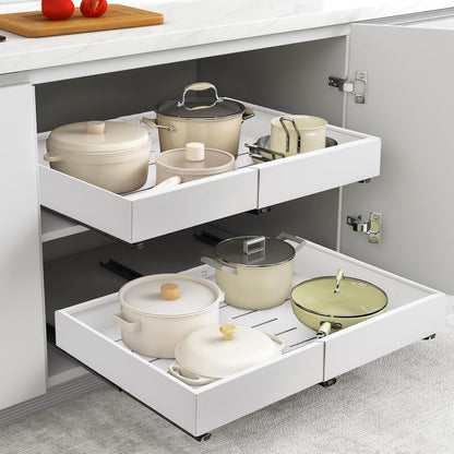 Pull Out Cabinet Organizer, Adjustable Expandable Slide Out Drawer, Roll-Out Sliding Drawer Organiser Shelf for Kitchen & Bathroom Storage,Easy Installation with Adhesive Film