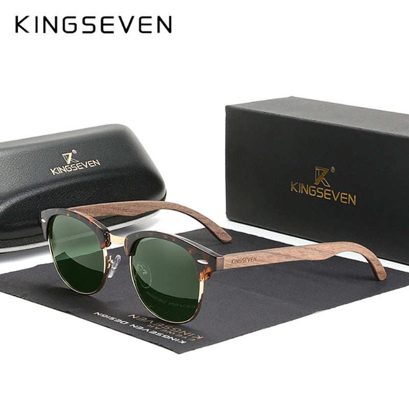 KINGSEVEN Black Walnut Wooden Handmade Semi-Rimless Retro Polarized Eyewear for Men Women