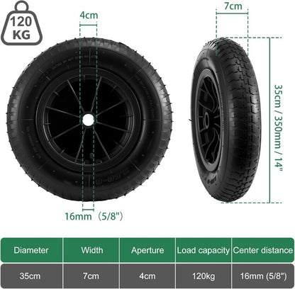 14 Inch Wheelbarrow Wheel Solid Tyre 350mm Heavy Duty 120kg Replacement Wheel for Garden Trolley Barrow Cart 16mm Axle UK