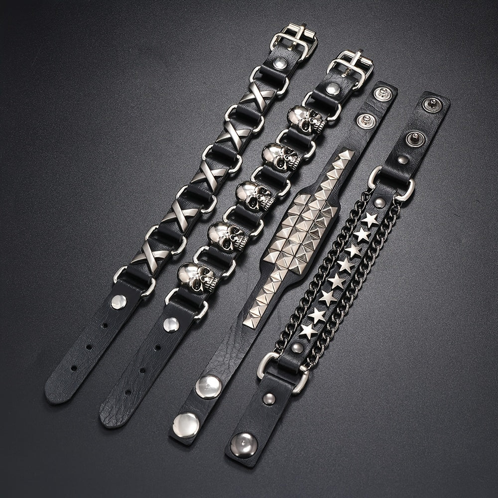 Gothic Punk Style Rivet Bracelet Set - 4pcs PU Leather Bracelet Set, Minimalist and Trendy Fashion Accessories