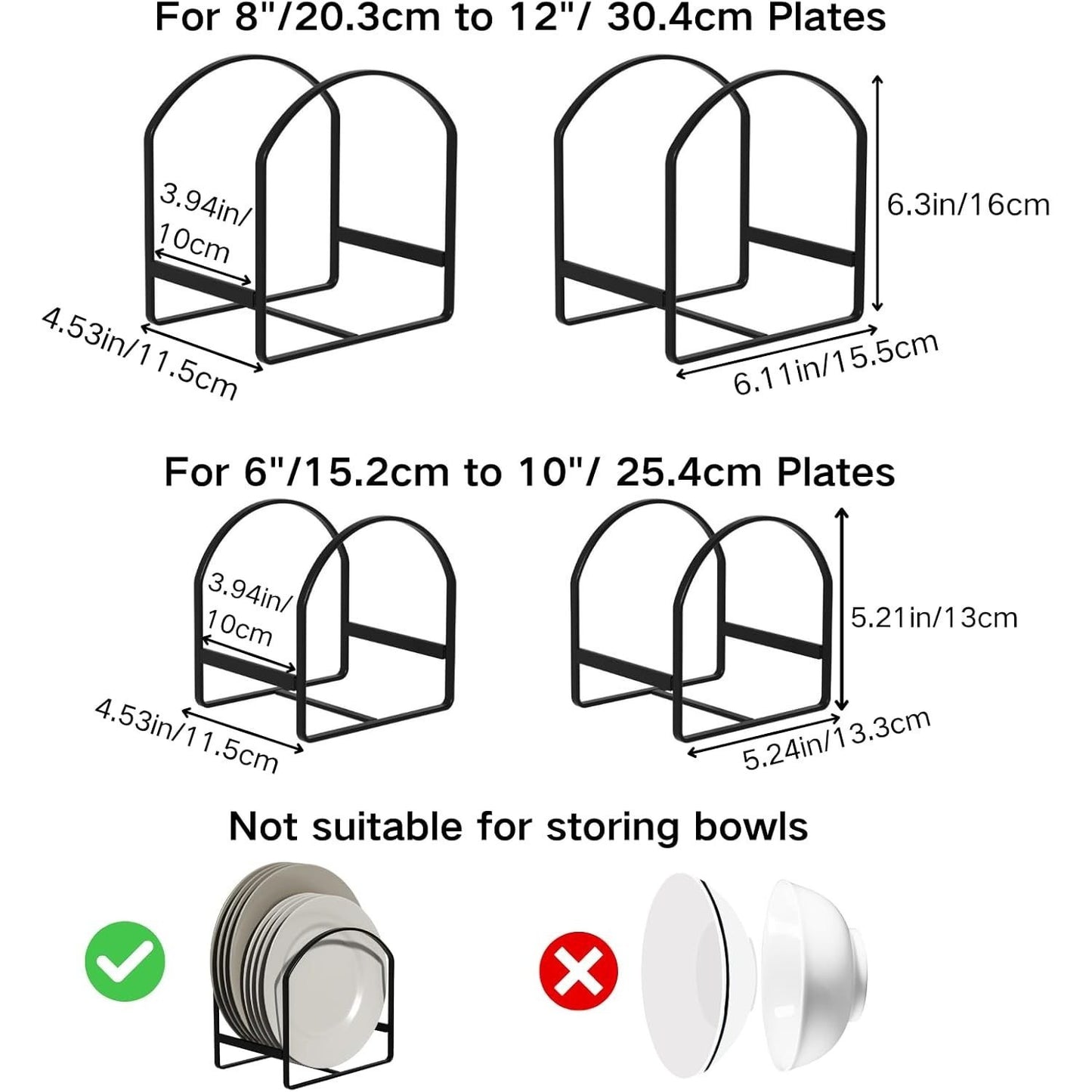 4 Pack Kitchen Plate Holder Organiser, Metal Dish Storage Rack for Cabinet, Cupboard & Countertop, Space Saver Upright Dish Drying Stand – 2 Large & 2 Small, Black