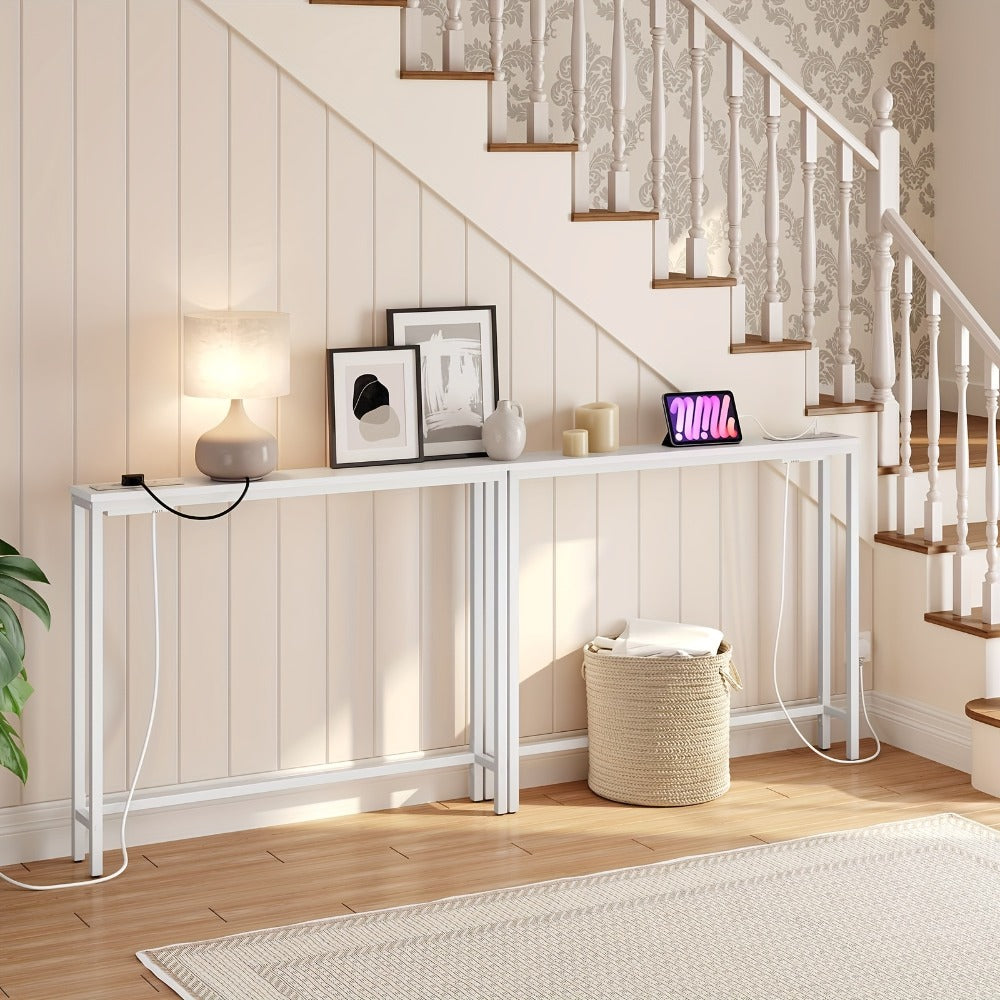 Console Table with Charging Station 100cm – Compact Narrow Hallway Table with USB Ports & Power Outlets, Slim Entryway Sofa Side Table for Small Spaces, Living Room & Bedroom, Rustic Brown