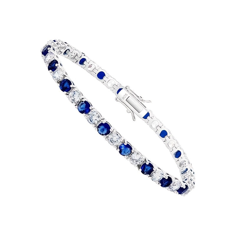 925 Sterling Silvery Fashion Elegant Blue Super Flash Zirconia Tennis Bracelet, Round Cut 5A Zirconia Tennis Bracelet, Suitable for Valentine'S Day, Wedding Anniversary, Christmas, Various Festivals, Special Occasions, Boutique Gift Box
