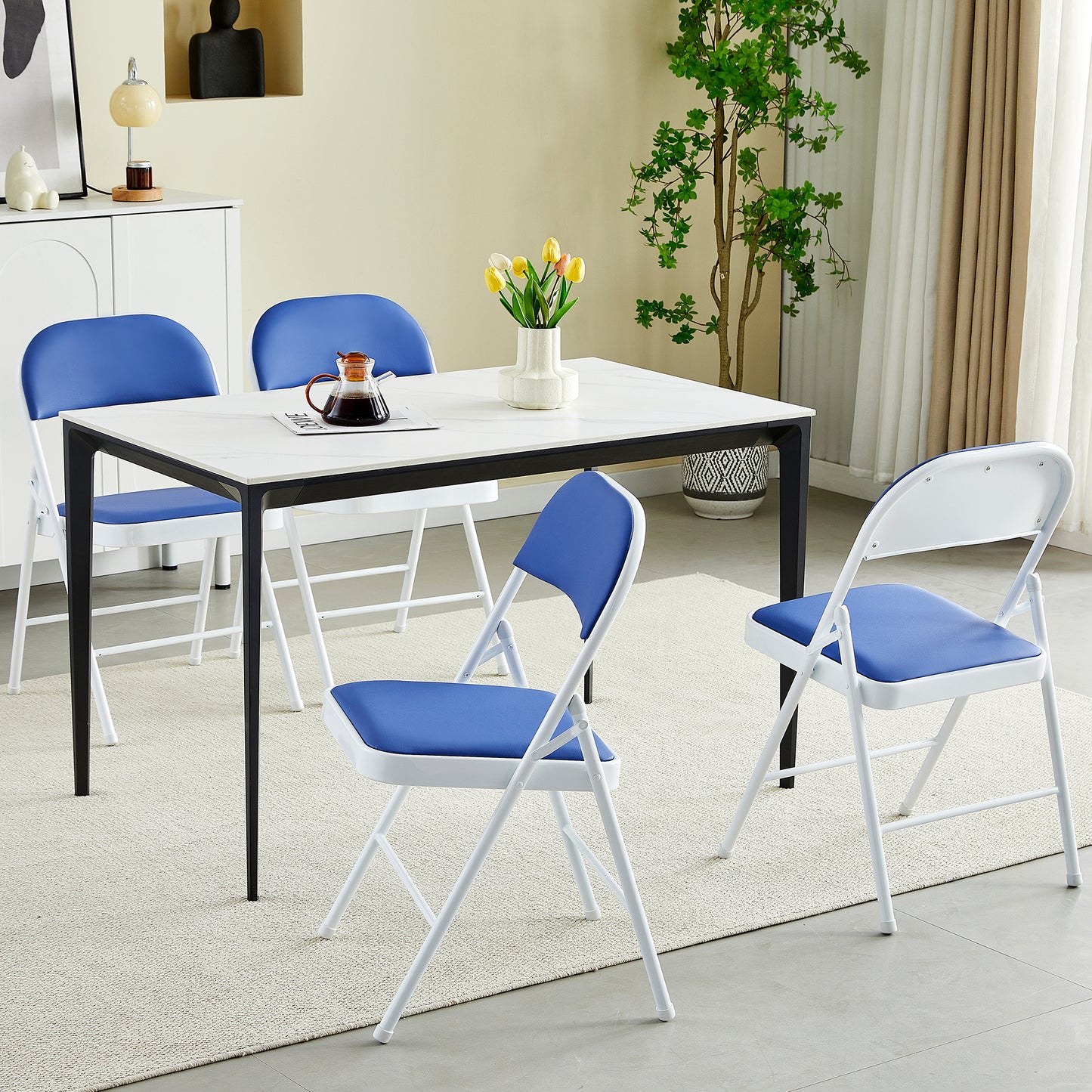 Set of 4 Folding Chairs, Faux Leather Foldable Chairs with Metal Frame and Padded Seat, Easy to Fold and Store for Home, Office, Dining and Reception
