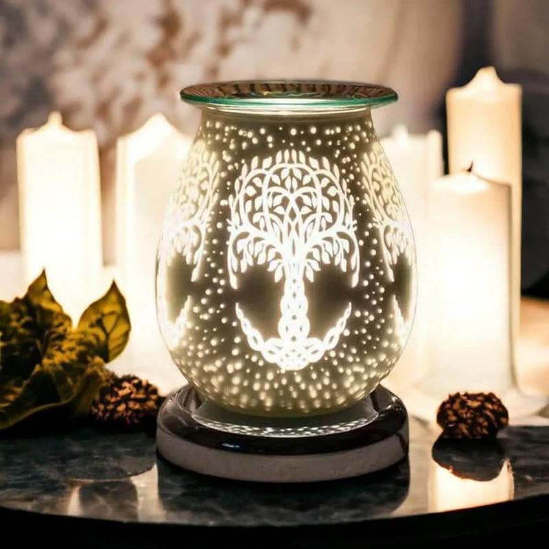 White Satin Tree Of Life Aroma Touch Lamp Wax Tart Warmer and Oil Burner Fragrance Diffuser