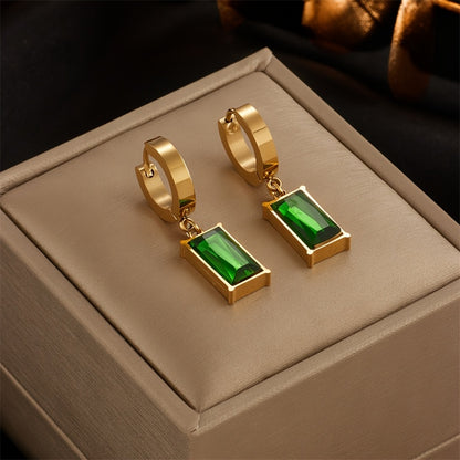 Stainless Steel Rectangular Green Synthetic Zirconia Snake Bone Necklace and Earring Set, Unisex Collarbone Chain with Synthetic Zirconia Pendant and Earrings, Banquet Jewelry Set (No Gift Box). Necklace and Earrings Can Be Purchased as a Set or
