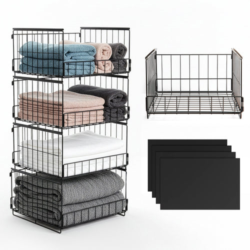 4 Pack Sliding Drawer Wardrobe Organizer, Heavy Duty Stackable Closet Storage Bins with Dividers, Foldable Clothe Organizer Cubes for Bedroom, Cabinet, Kitchen & Cupboard, Space Saving Storage Boxes
