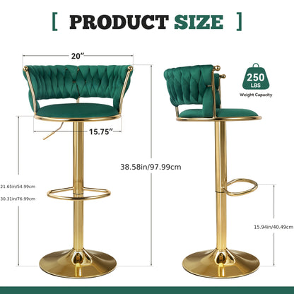 2pcs Modern Swivel Woven Velvet Bar Stools/360° Swivel Adjustable Height with Backs Golden Metal Tall Bar Stools Counter Height for Kitchen Island/for Christmas, Festival, New Year's Gift