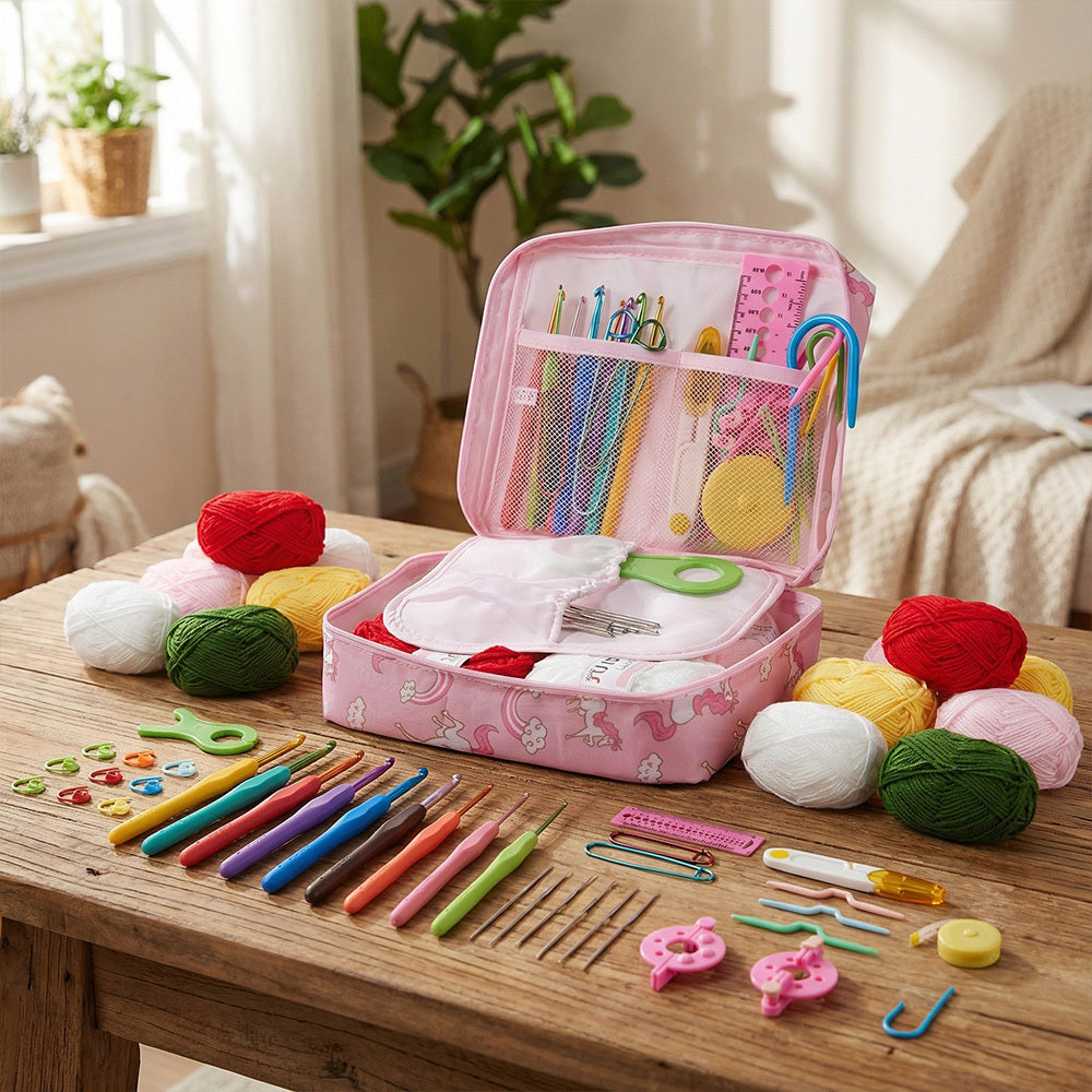 Crochet Kit for Beginners 59-Piece | Complete Set with Ergonomic Hooks, 5-Colour Yarn Balls & Zippered Storage Case | DIY Knitting Gift for Adults & Craft Enthusiasts