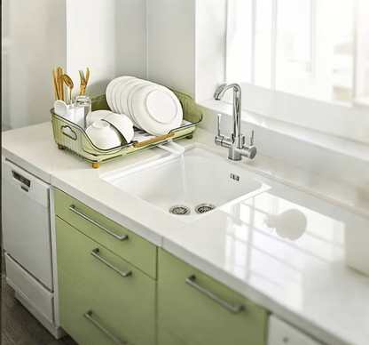 1pc Dish Drying Rack with Handle & Drainboard - Space-Saving Compact Design with Utensil Holder, Durable Plastic Construction, Easy to Clean & Move - Over Sink or Countertop Use for Small Kitchens, Apartments, RVs - Modern White & Golden Kitchen Organizer