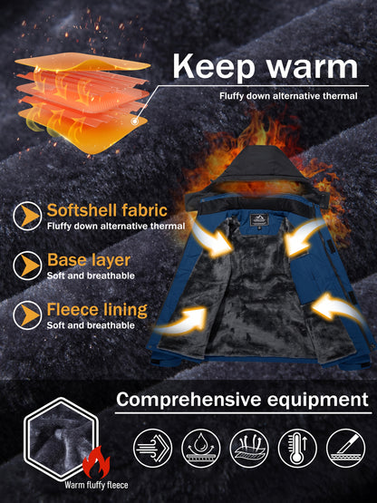 Men'S Ski Jacket Winter Warm Fleece Lined Coats Outdoor Snowboard Thermal Hiking Parka Chest Pockets Hooded Jogging Camping Fishing Climbing Casual Windbreaker
