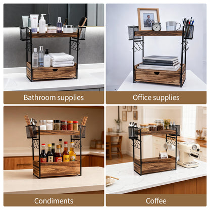 3-Tier Countertop Organizer Station with 12 Mug Hooks – Multi-Functional Coffee Bar Kitchen Storage Shelf, Space-Saving Home & Office Display Rack