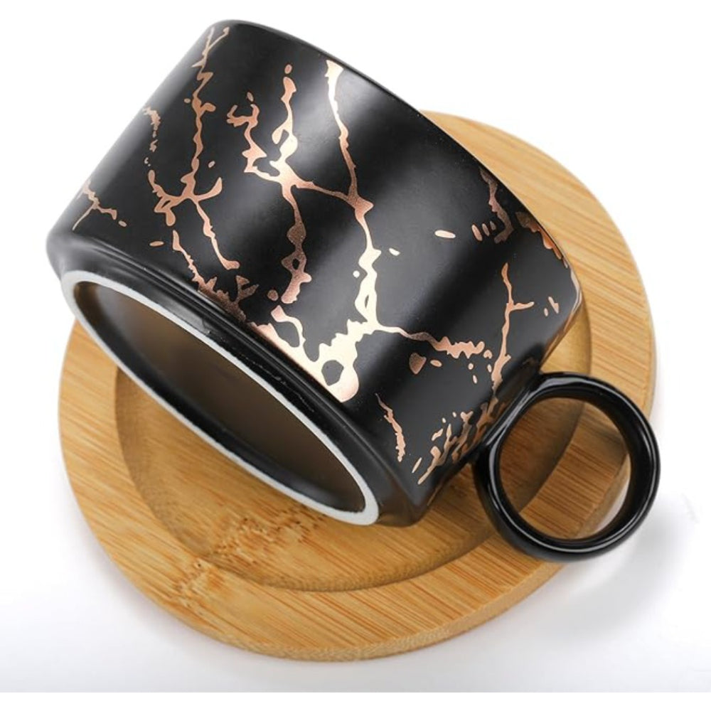 Black Ceramic Coffee Mug Cup Set, Including Four 180ml Cups, Saucers, Spoons, Metal Storage Rack, Stackable Cups and Saucers, Espresso Cups, Holiday and Birthday Gift Set