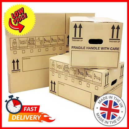 Large 18 x 12 x 10" Printed House Removal Strong Cardboard Boxes With Carry Handles