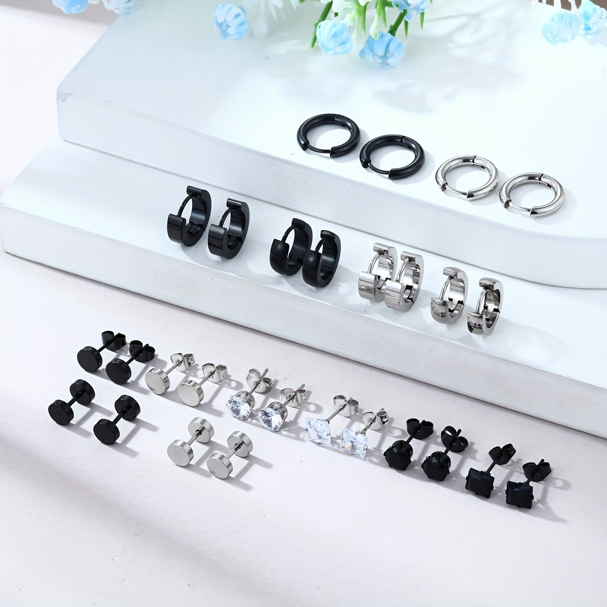 28pcs Fashionable And Minimalist Stainless Steel Earrings And Earrings Set in Black And Silvery for Both Men And Women. Suitable As a Holiday Birthday Gift for Loved Ones And Friends, Suitable for Daily Or Party Occasions