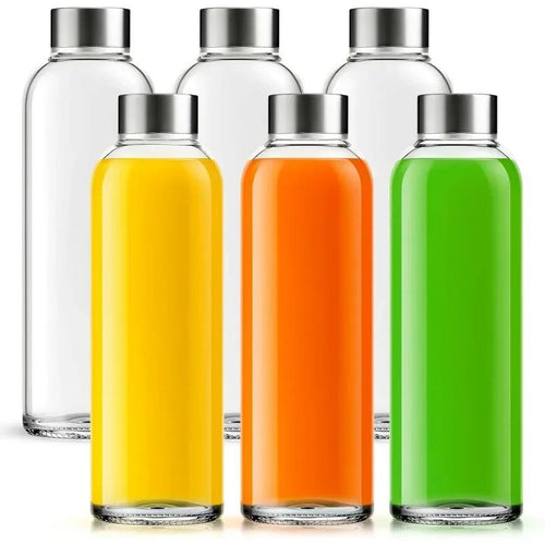 Glass Bottles with Lids - 6 Pack 500ml Leakproof, Reusable Glass Drinking Bottle for Water, Juice, Milk and Smoothie - with Airtight Metal Lids, Cleaning Brush and White Labels