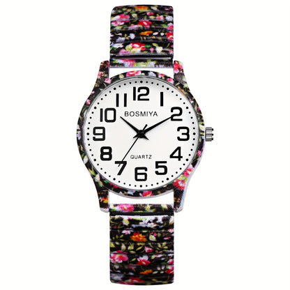 Bohemian Women'S Elastic Watch, Analog Quartz, Large Arabic Numerals Scale, Clear Easy to Read, Round Case, Printed Decorative Stainless Steel Stretch Strap, Suitable for Casual, Business, Mother'S Day Back-To-School Season Christmas Birthday Gift